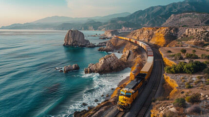 Freight train navigating a coastal route, waves crashing against the shore, rugged cliffs in the background, sense of power and movement.