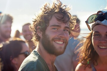 Fototapeta premium A dynamic crowd is enjoying a music festival with bright sunshine casting a joyful ambiance