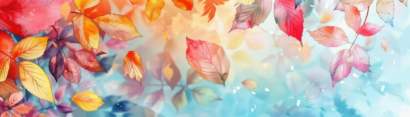 Fototapeta premium Multicolor autumn leaves in pastel, background postcard in watercolor style