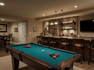 A cozy basement entertainment room with a bar and game area.