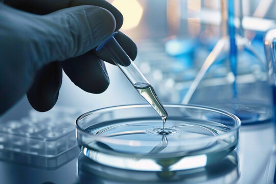 Liquid being poured into petri dish with pipette  in science research lab