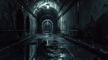 Dimly lit corridor with water on the floor in an abandoned building