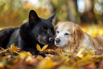 A black and white dog couple sleeping together at an autumn day together very beautiful and lovely.