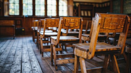 Empty classroom with wooden desks and chairs, back to school concept