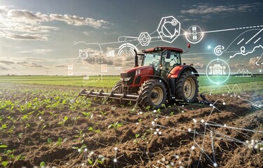 Modern tractor plowing field with digital data interface