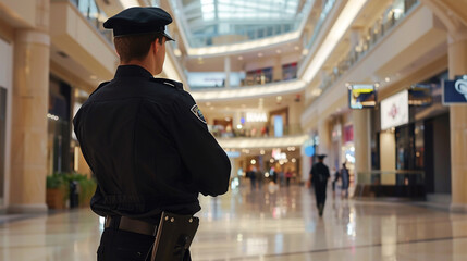 A uniformed security guard patrols the upper floor of the mall, which overlooks the lower floors. - Powered by Adobe