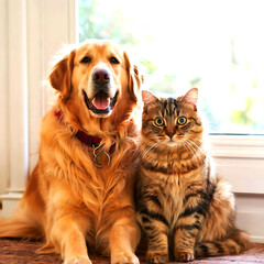 Happy dog and cat that looking at the camera together friendship between dog and cat, amazing friendliness of the pets