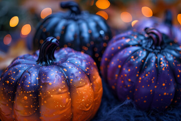 A trio of vibrant pumpkins with glowing speckles, creating a magical and festive Halloween display
