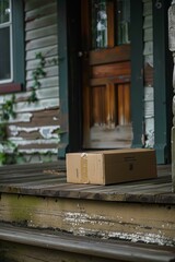 Obraz premium package in a cardboard box on the porch of the house 
