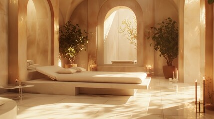 Naklejka premium A white room with a bed and a few potted plants. The room is very clean and well-lit, giving it a calm and peaceful atmosphere