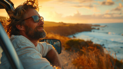 Happy young man on a road trip leaning out of the car window to see the coastal route and sea view , male enjoying roadtrip holidays on seaside road - Powered by Adobe