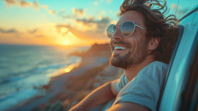 Fototapeta Happy young man on a road trip leaning out of the car window to see the coastal route and sea view , male enjoying roadtrip holidays on seaside road