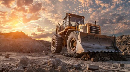 Obraz premium A large construction vehicle is parked in a rocky field. The sky is cloudy and the sun is setting, casting a warm glow over the scene. Concept of hard work and determination