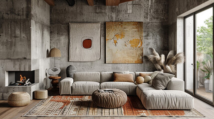 An eclectic living room where textures reign supreme, with a velvet sectional sofa