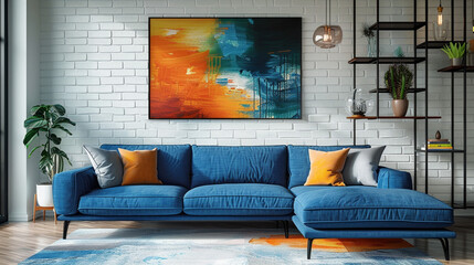 A bright Retro Modern living room featuring a blue sectional sofa, a vibrant abstract painting, and a white brick wall with floating shelves.