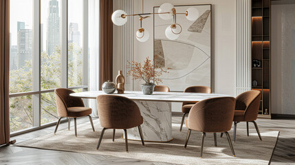 A chic dining area featuring performance fabric dining chairs, upholstered in a sleek and easy-to-clean material, paired with a marble dining table and a statement chandelier,