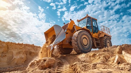 Obraz premium A large construction vehicle is parked in a rocky field. The sky is cloudy and the sun is setting, casting a warm glow over the scene. Concept of hard work and determination