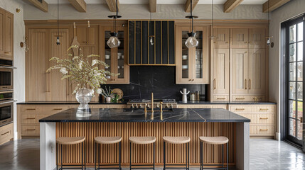 A chic kitchen with fluted glass cabinet doors, a sleek black countertop, brass fixtures, and a central island with fluted wood detailing and bar stools.