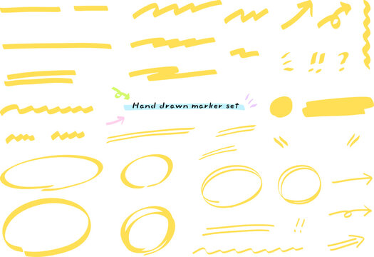 Highlighter marker pen lines and decorative ornaments, simple hand-drawn illustration set / 蛍光マーカーペンの罫線と装飾あしらい、シンプルな手描きのイラストセット