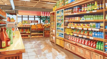 International Foods Section: Illustrate the international foods section in a supermarket, showcasing a diverse range of products from different cuisines around the world.