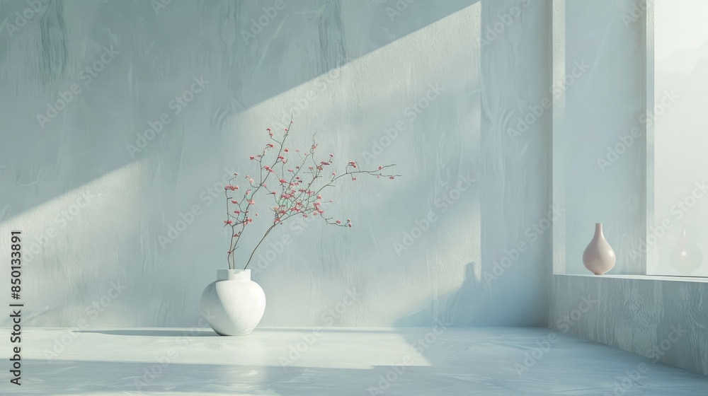 Poster a white vase with a flower in it sits on a table in a room with a window. the room is very clean and