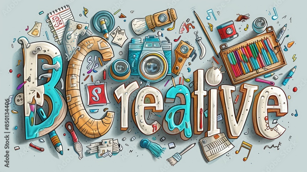 Poster the letter of be creative in variant texture with bright light colorful color with making or constru
