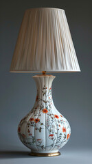 A delicate porcelain table lamp with intricate hand-painted floral designs and a pleated silk shade.