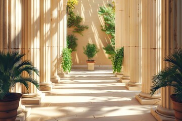 An ancient building hall with tall columns and tropical plants in pots.