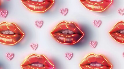 A seamless pattern featuring glowing neon lips in a classic red, interspersed with vibrant pink neon hearts, all set against a pure white background for a striking contrast.