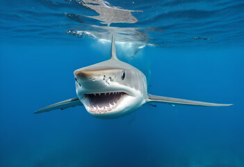 Great white shark in deep blue water.