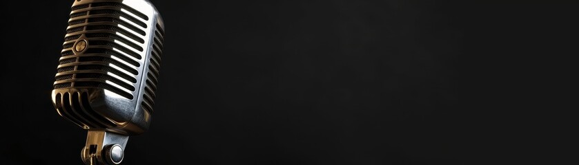 Silver microphone on a dark black background
