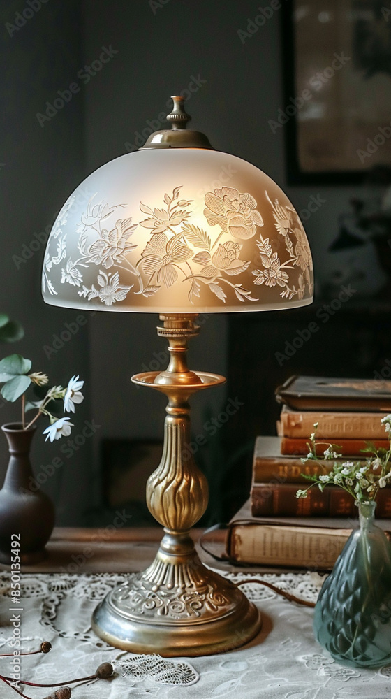 Wall mural A vintage brass table lamp with intricate floral engravings, its light softly glowing through a delicate frosted glass shade.