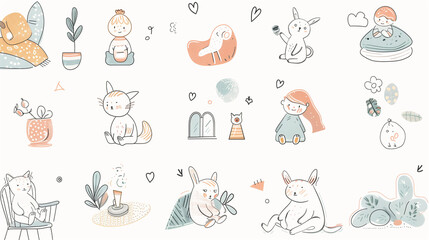 Fototapeta premium Cute Hand Drawn Animals and Plants Seamless Pattern