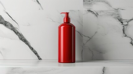Obraz premium A red pump bottle on a marble background, suitable for soap, shampoo, or lotion. Simple and elegant design for bathrooms or kitchens.