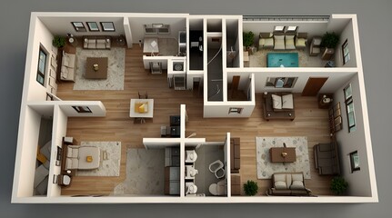 Floor plan of a house top view 3D illustration Open concept living apartment layout.generative.ai