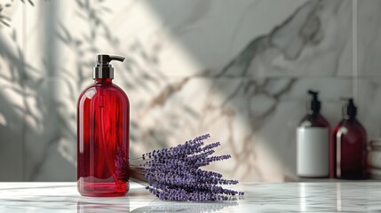 Elegant red bottle and lavender sprigs on a marble surface in soft natural light, perfect for spa, skincare, or beauty product background.