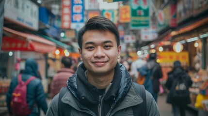 Fototapeta premium Portrait of a young Taiwanese man dressed in modern casual fashion. 