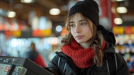 Fototapeta premium a customer using a self-checkout kiosk at a grocery store.