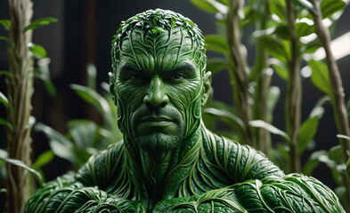 Obraz premium Close-up portrait of green muscular plant man - Generative AI