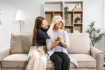 Obraz premium A mature mom and her young daughter, both Asian, sit on sofa, celebrating Mother's Day. They share comfort, closeness, warmth, embracing their bond with tenderness, laughter, and cherished memories.