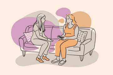 Psychotherapy session - woman talking to psychologist sitting on sofa. Mental health concept, vector illustration 