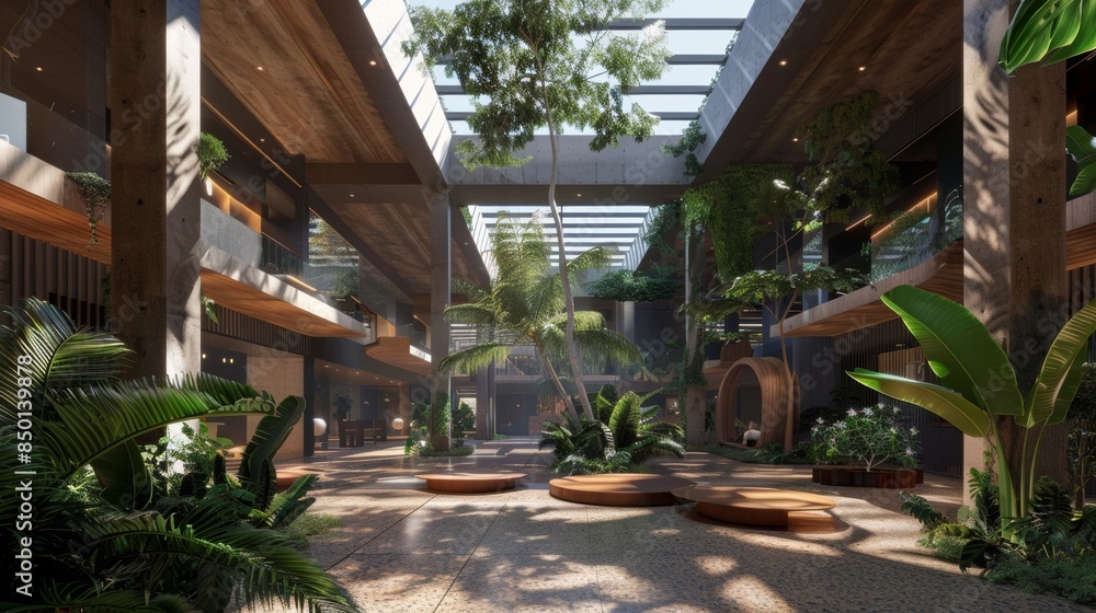 Poster a large, open space with a lot of greenery and plants. the space is designed to be a relaxing and ca