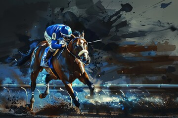 Fototapeta premium Dynamic digital art of a horse racing moment. Vibrant colors and abstract style depict speed and motion. Ideal for sports themes. This image showcases energy and competition. Generative AI