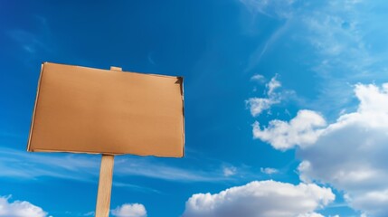 A blank cardboard sign is post to against a bright blue sky with white clouds