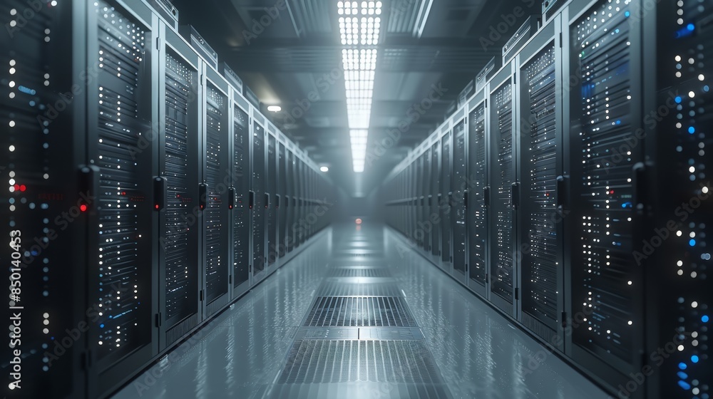 Aufkleber cloud computing data center with rows of servers and network cables.