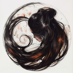 A mesmerizing circular portrait of a woman with flowing dark hair, set against a white background, embodying grace and artistic beauty