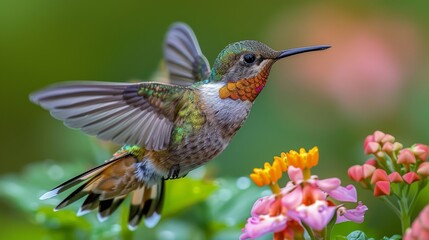 Naklejka premium colorful hummingbird hovering in front of a blooming flower, its wings beating rapidly.