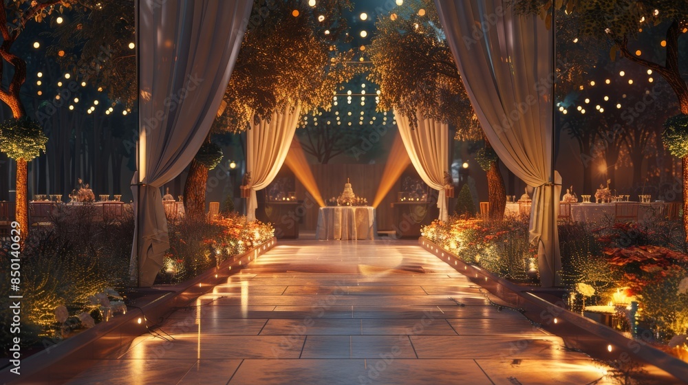Poster a long hallway with a large archway and a large cake in the middle. the cake is lit up and surrounde
