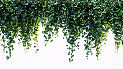 Fototapeta premium Lush Green Ivy Vine with Heart-Shaped Leaves, Intricately Weaving Along a Branch, Dense Foliage on white Background