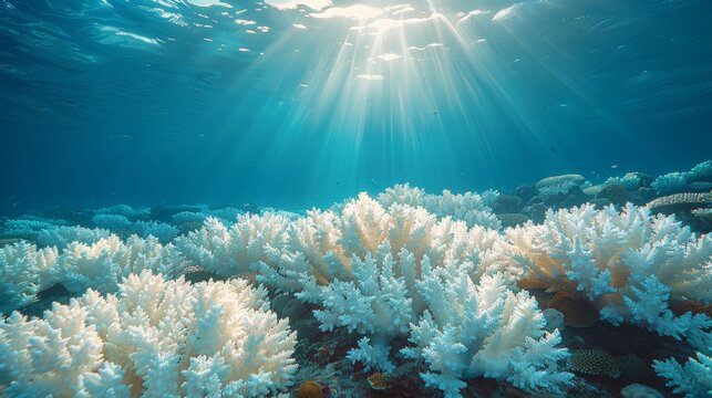 coral reef bleached white and dying, highlighting the devastating impact of ocean acidification on marine ecosystems.